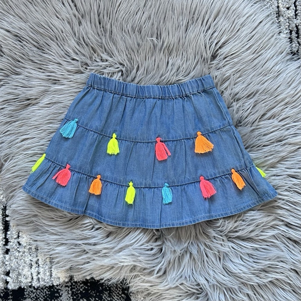 Mud Pie Baby Girls Chambray Colorful Tassel Tiered Skirt Size 12/18 Month NWT